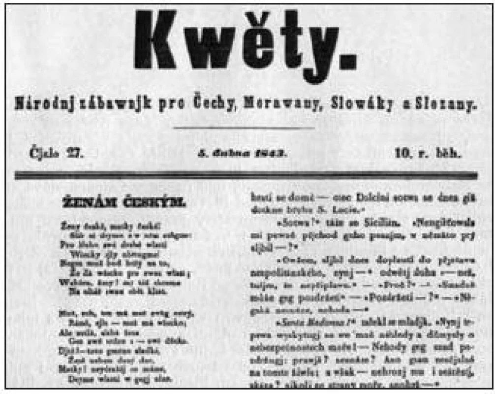Květy. Detail titulního listu s prvými slokami básně Němcové
