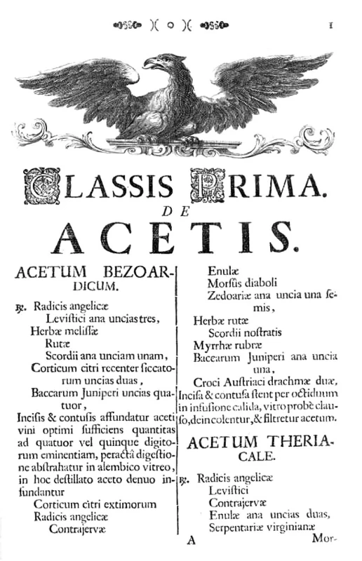 Titulní strana I. třídy lékových forem vídeňského dispenzatoria: Octy