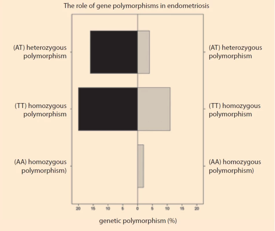 Population pramid graph showing genotype diff erence of endometriosis cases and control group. Obr. 2. Populační pramidový graf ukazující rozdíl v genotypech případů endometriózy a kontrolní skupiny.