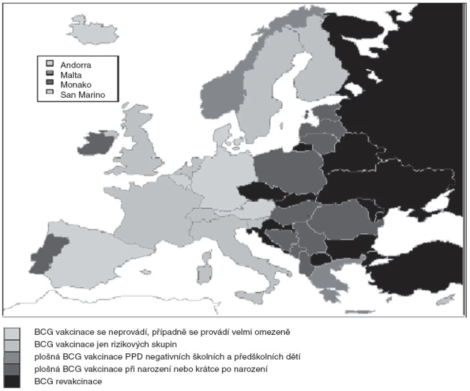 BCG vakcinace v Evropě, 2008.
ZDROJ:
1. Infuso, A., Falzon, D. European survey of BCG vaccination policies and surveillance in children, 2005.
Euro Surveill. 2006;11(3): 6–11.
2. http://www.ecdc.eu.int/Health_topics/VI/VI_newsletter.html
3. http://www.euvac.net/graphics/euvac/vaccination/vaccination.html
4. http://www.who.int/vaccines/globalsummary/immunization/scheduleselect.cfm