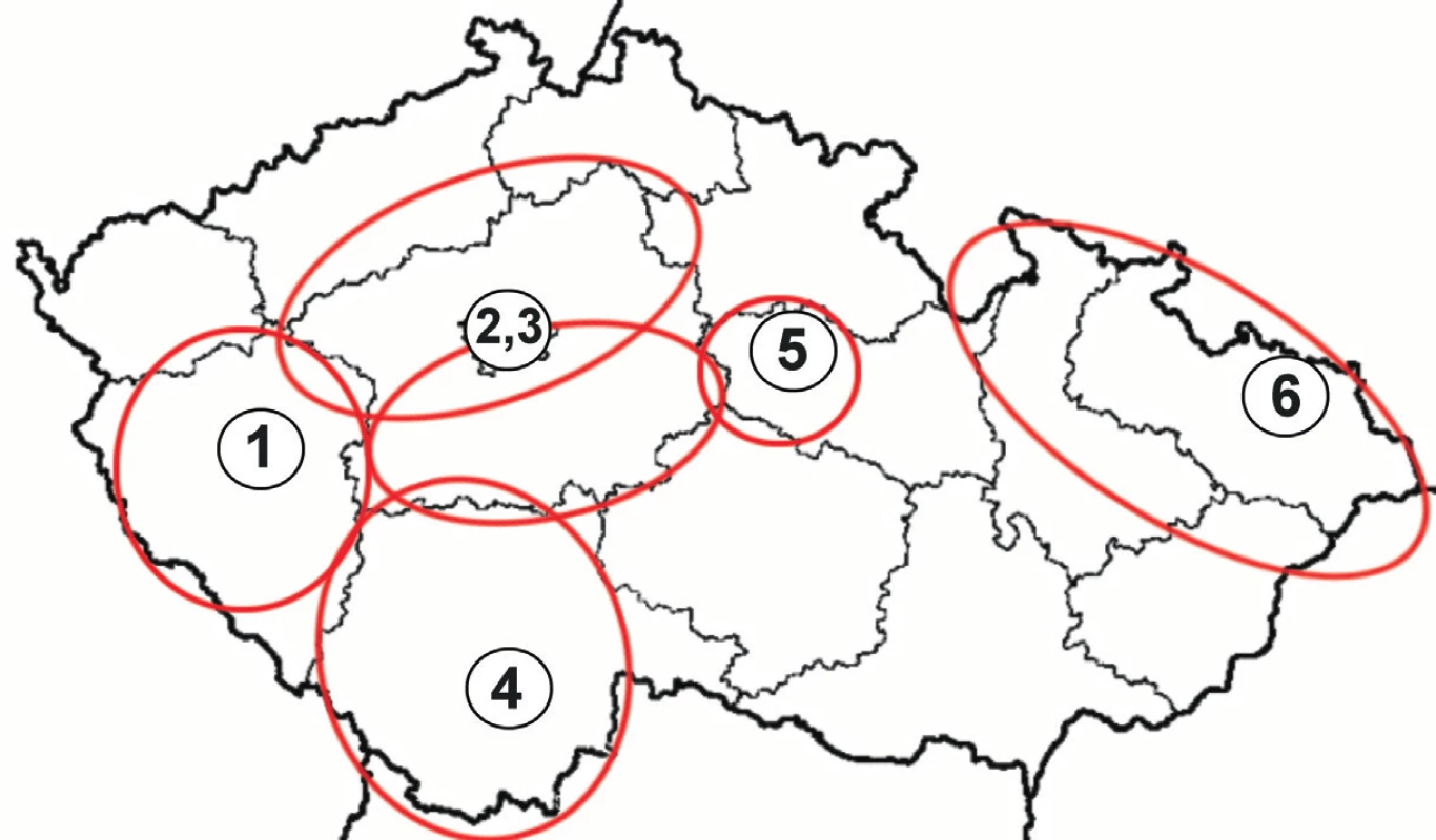 Přibližné spádové oblasti pracovišť zapojených do studie