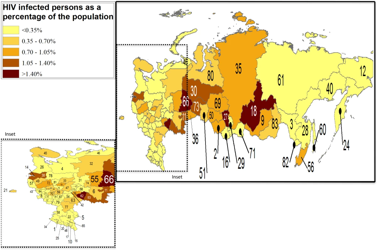 Cumulative HIV diagnoses in the Russian Federation in 2016 [<em class="ref">2</em>,<em class="ref">6</em>].