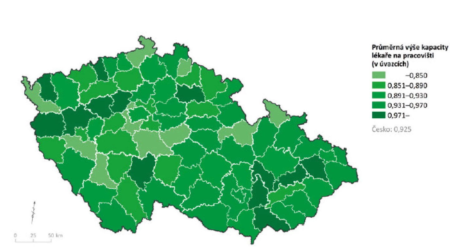 Průměrná výše kapacity lékaře na pracovišti praktického lékařství pro děti a dorost; stav k 31. 12. 2015