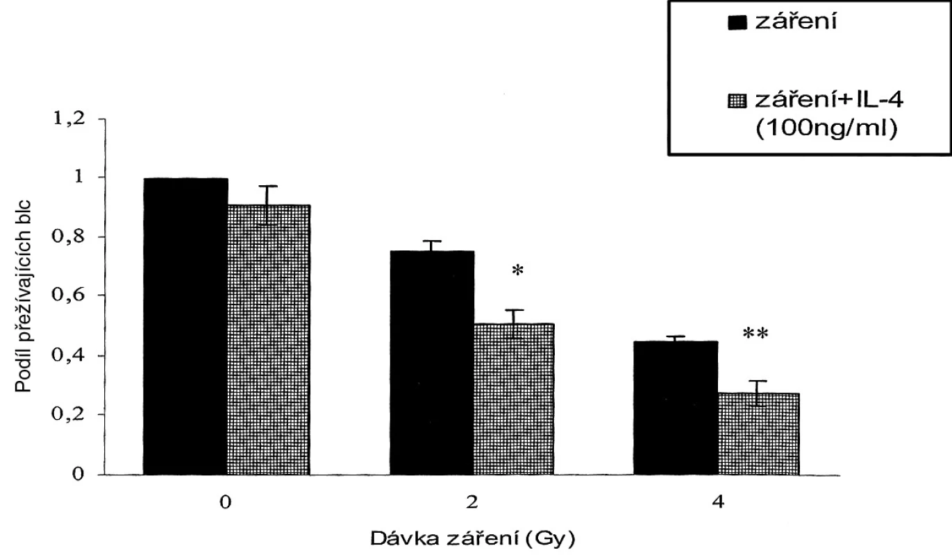IL-4 (100 ng/ml) samotný bez záření snížil klonogenní růst buněk SW620 pouze mírně, bez statistické signifikance. Avšak v kombinaci se zářením IL-4 statisticky signifikantně potencoval inhibici klonogenního růstu vyvolanou radiací (*p < 0,05: 2 Gy versus 2 Gy+IL-4; **p < 0,05: 4 Gy versus 4 Gy+IL-4).
Pic. 2. Cell proliferation potential monitoring showed that cultivation with various IL concentrations (A) 1 ng/ml, (B) 10 ng/ml, (C) 100 ng/ml , resulted in a minor inhibition of cell proliferation, which was statistically insignificant. A dose of 8 Gy resulted in a statistically significant inhibition of cell proliferation (*p<0.05), compared to a control. Combination of IL-4 and radiation facilitated the cell proliferation rate inhibition (*p<0.05: shows a statistical significance compared to the control). (C) The highest of the tested IL-4 concentrations (100 ng/ml) resulted in a statistically significant potentiation of the radiation ihibitive effect, compared to the group with radiation only (**p<0.05).