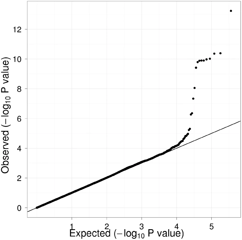Q-Q plot of genome-wide P values for association with Lp-PLA<sub>2</sub> mass.
