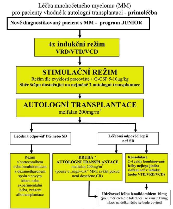 Primoléčba onemocnění u nemocných vhodných k autologní transplantaci*
<b>*Jak autologní transplantace, tak konsolidace jsou možné možnosti volby</b> dalšího postupu, je-li cílem dosažení hluboké remise (kompletní remise potvrzena průtokovou cytometrií nebo metodami molekulární biologie v primoléčbě).