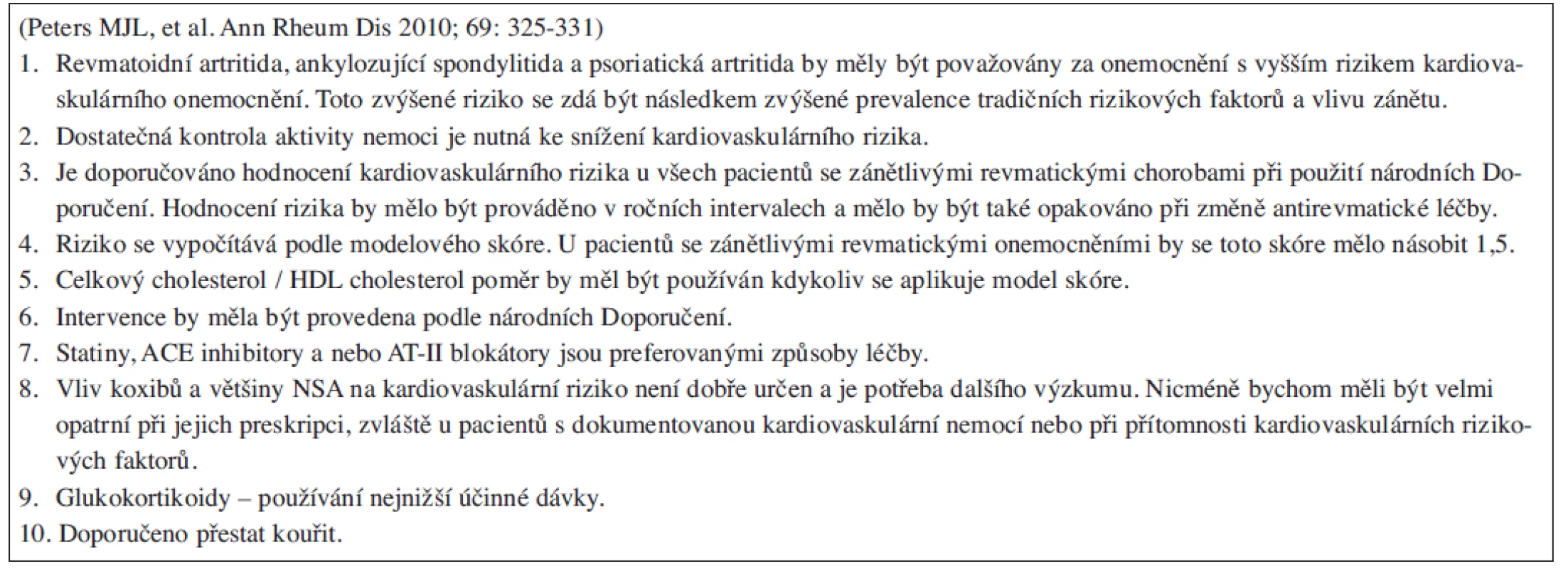 Doporučení EULAR pro vyhodnocování kardiovaskulárního rizika u pacientů s revmatoidní artritidou, psoriatickou artritidou a ankylozující spondylitidou.
