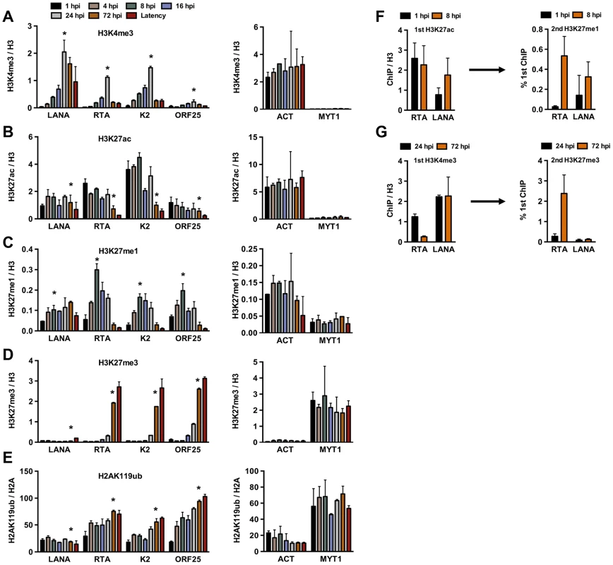 Analysis of the deposition of histone modifications on KSHV promoters during <i>de novo</i> infection using time-course ChIP assays.