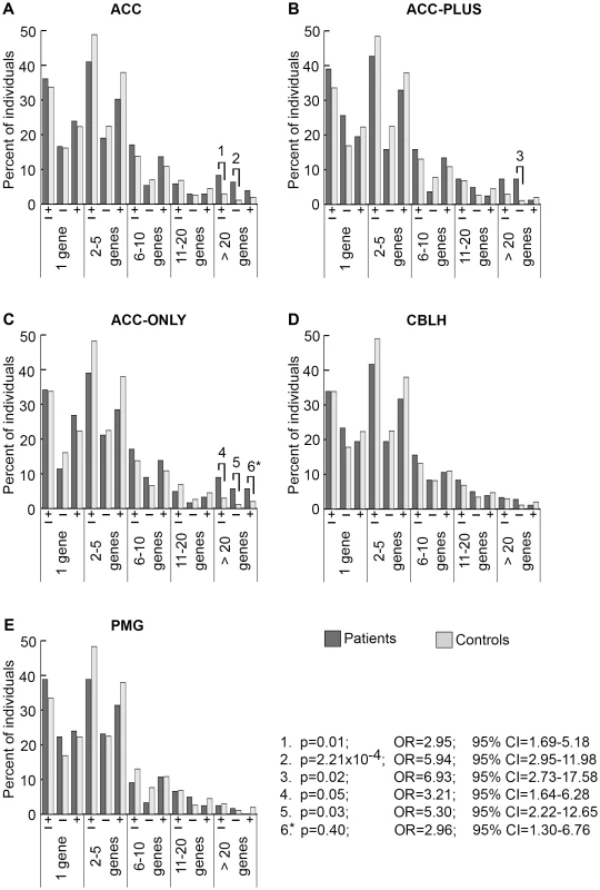 Genome-wide burden of rare CNVs based on number of genes impacted in brain malformation patients and controls of Caucasian ethnicity.
