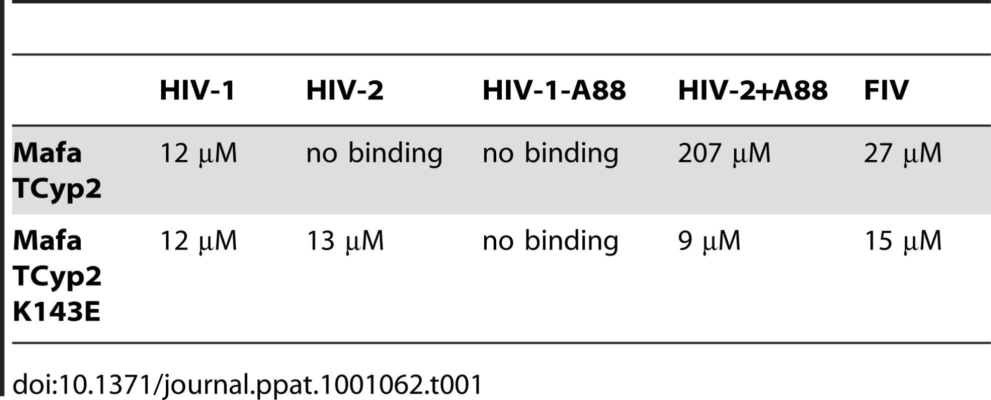 Affinities of cyclophilin domain binding to N terminal domain capsids, as measured by isothermal titration calorimetry, are shown.
