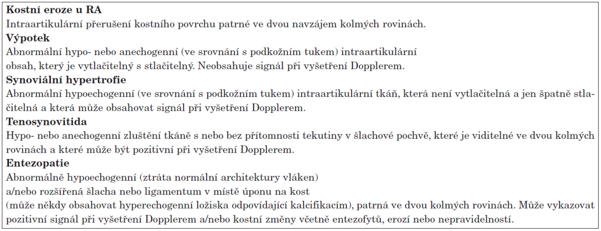 Definice ultrazvukových nálezů podle OMERACT