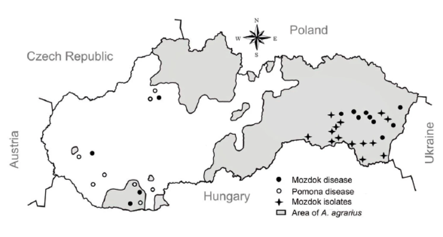 Chart of the Slovak republic illustrating the regional distribution
of patients with Pomona and Mozdok diseases, sites of isolation of Mozdok strains
from Apodemus agrarius and areas of this feral rodent