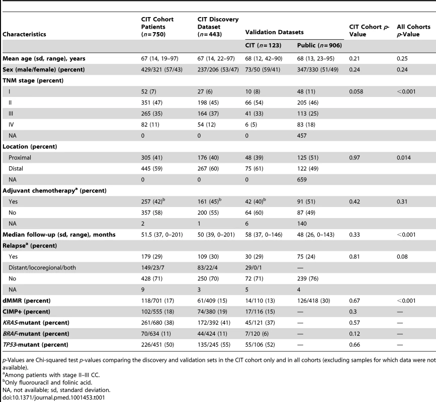 Patient and tumor characteristics of the different sets.