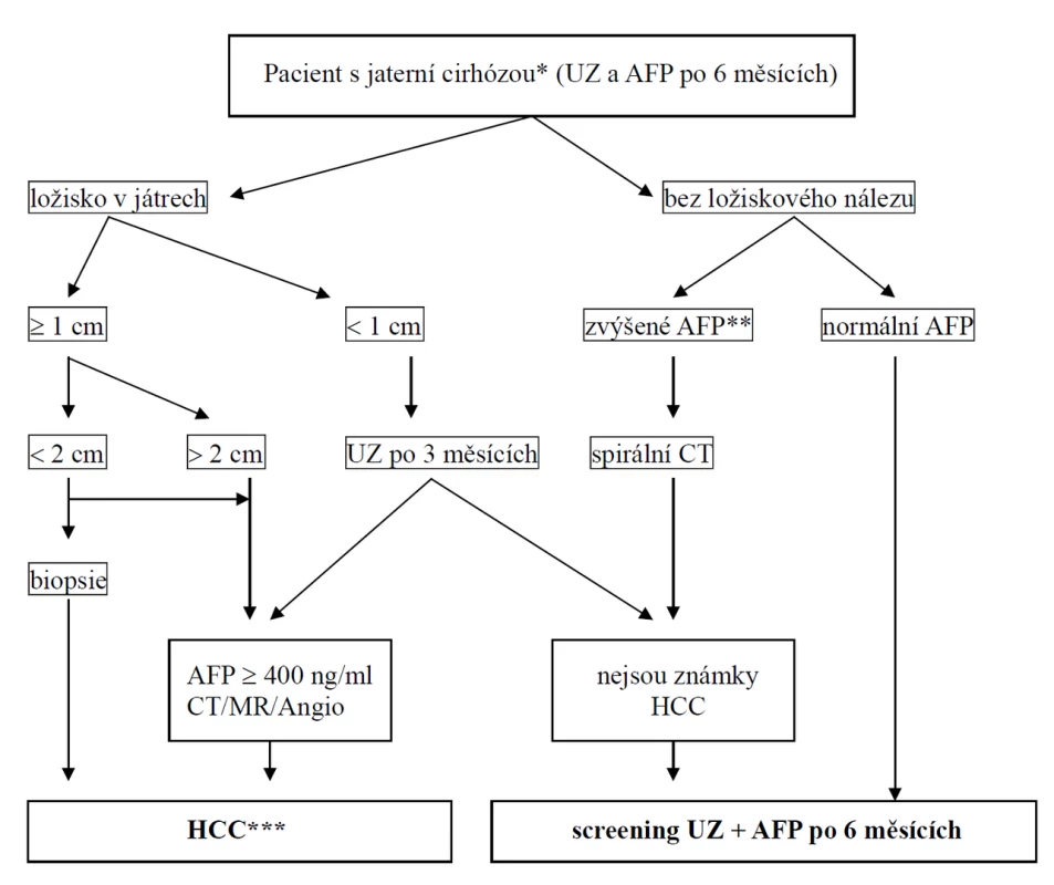 Diagnostický postup HCC (volně dle Llovet JM et al. Hepatocellular carcinoma. Lancet 2003; 362: 1907-1917).
