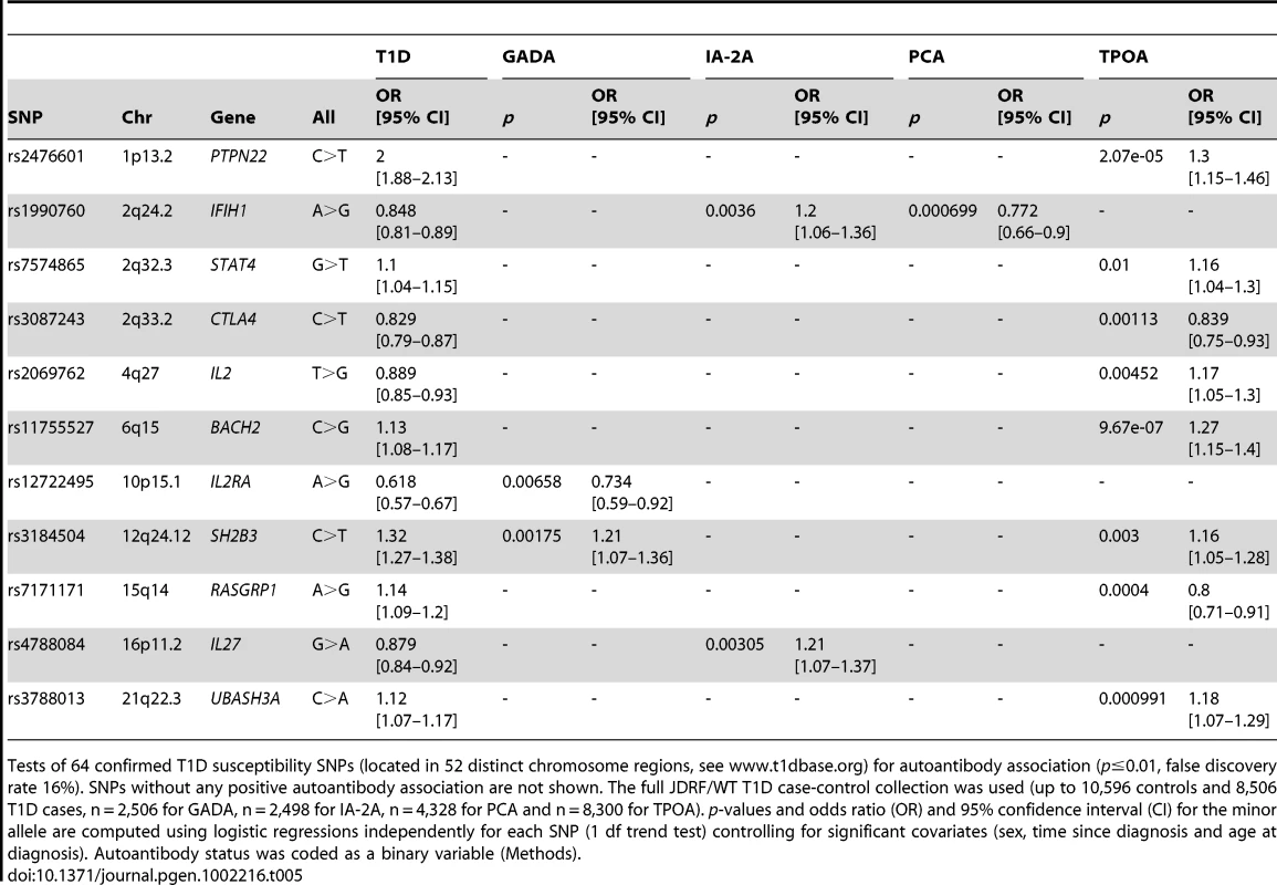 Autoantibody associations at published T1D associated loci.