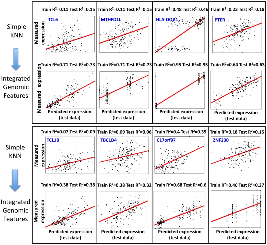 Examples of predictions for genes with large training R<sup>2</sup> improvement when integrating genomic features.