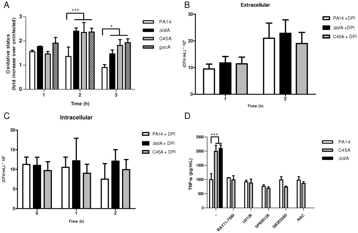 LsfA downregulates macrophages oxidative state that protected the bacteria against NADPH oxidase-generated ROS, and inhibits TNF-α production via the MAPK and NF-κB pathways.