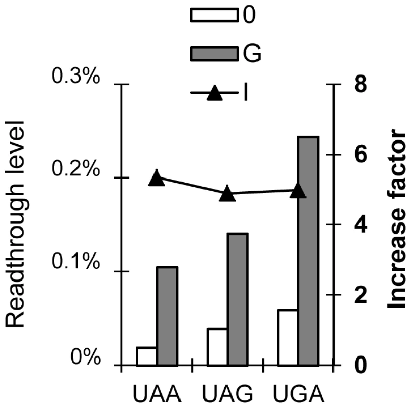 Effect of stop codon identity on readthrough levels and the factor of increase.
