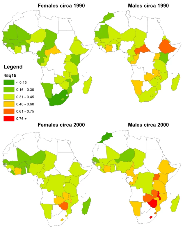 CSS-generated estimates of <sub>45</sub><i>q</i><sub>15</sub> for African countries with DHS data, 1990 and 2000.