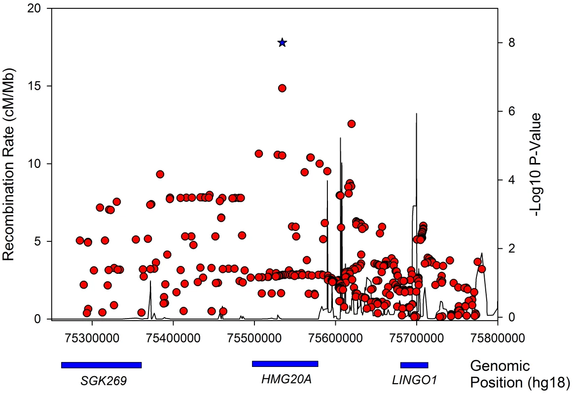 Regional association plot for the <i>HMG20A</i> gene in obese type 2 diabetes samples.