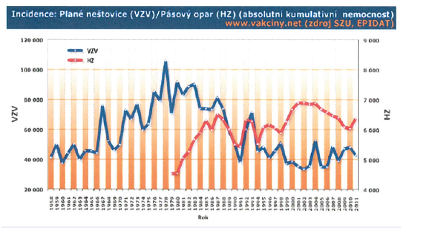 Absolutní počty nemocných planými neštovicemi a pásovým oparem v České republice mezi lety 1958–2011 (www.szu.cz)
Fig. 6. Absolute numbers of patients with chickenpox and herpes zoster in the Czech Republic in 1958–2011 (www.szu.cz)