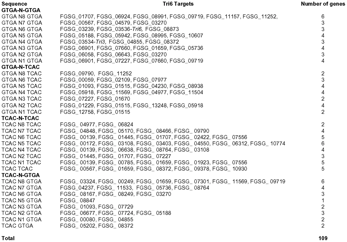 GTGA/TCAC repeats are present in the promoters of Tri6 target genes.