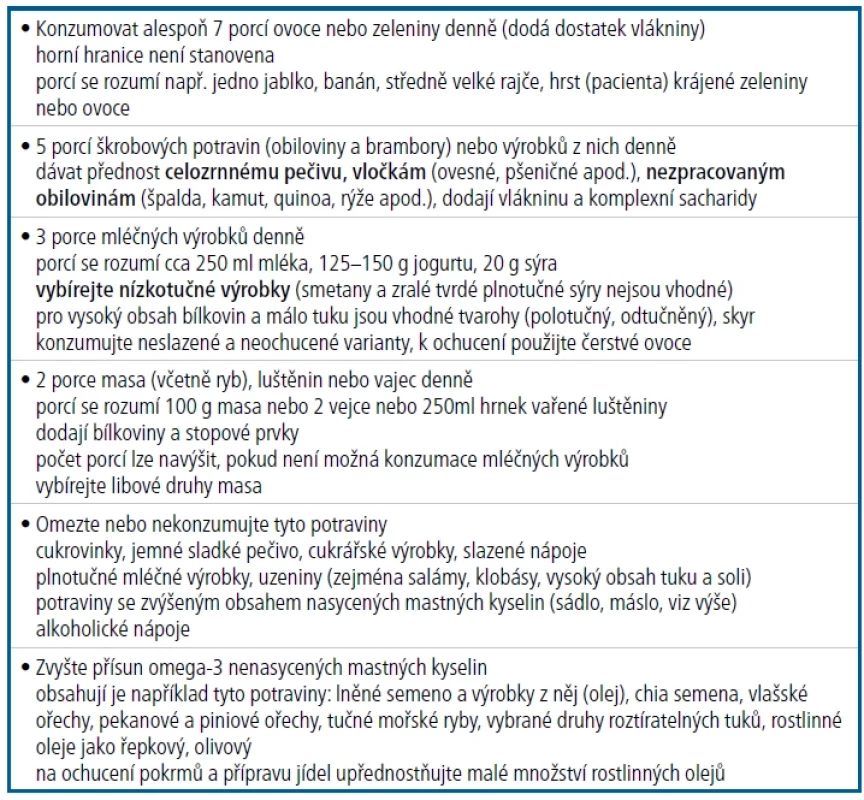 Doporučení pro racionální dietu (pro jinak zdravou populaci). Složení stravy a doporučený počet porcí je nutné upravit s ohledem na ev. potravinové alergie, intolerance, vegetariánství nebo veganství [podle 15,16]