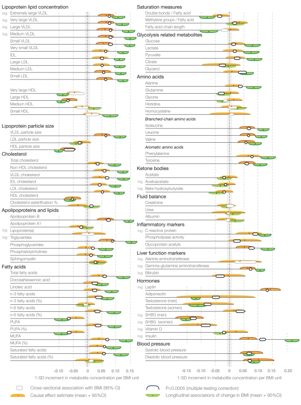 Cross-sectional associations, causal effect estimates, and longitudinal associations of BMI with systemic metabolites.