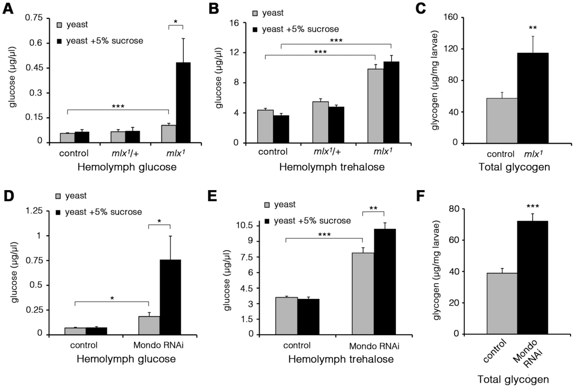 Elevated glucose, trehalose, and glycogen levels in the absence of Mondo-Mlx.