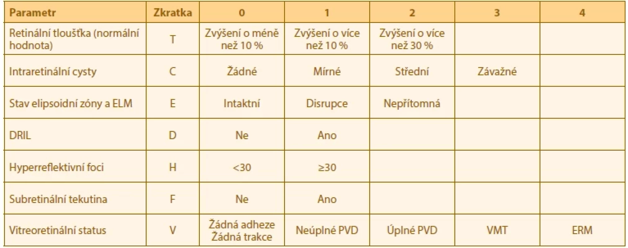 TCED-HFV skóre/grading DME. Upraveno dle Panozza a kol [2]