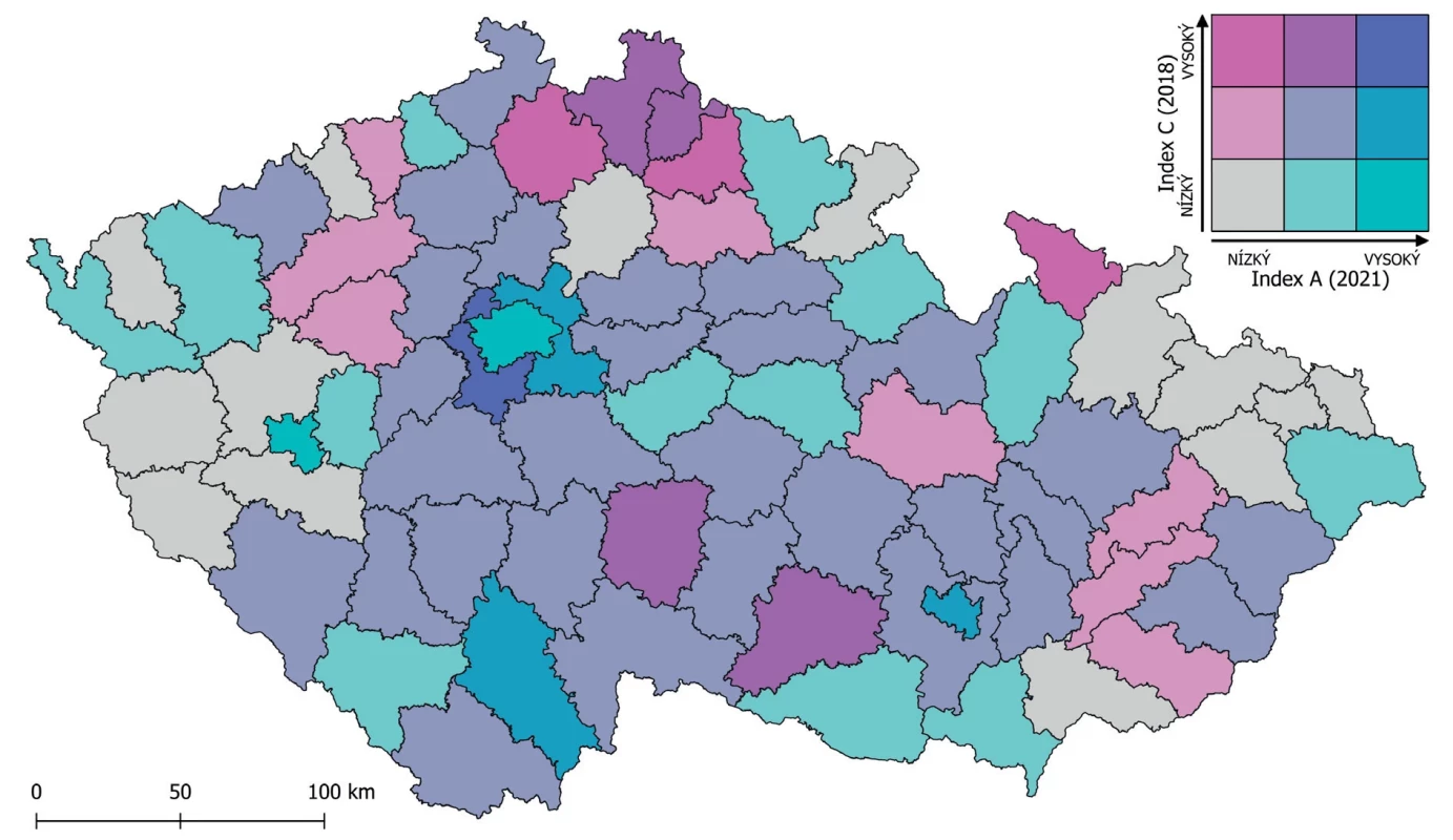 Vztah indexu determinant nerovností ve zdraví (rok 2021) a indexu subjektivní kvality života (rok 2018)