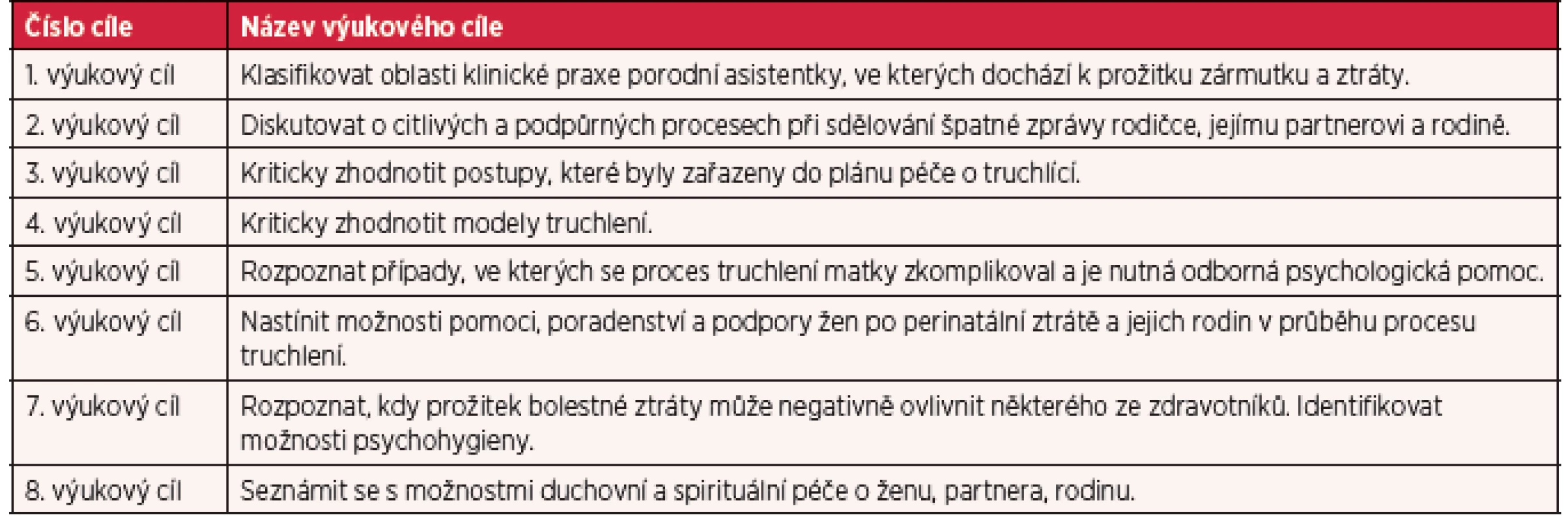 Výukové cíle profesní přípravy na péči o truchlící rodiče