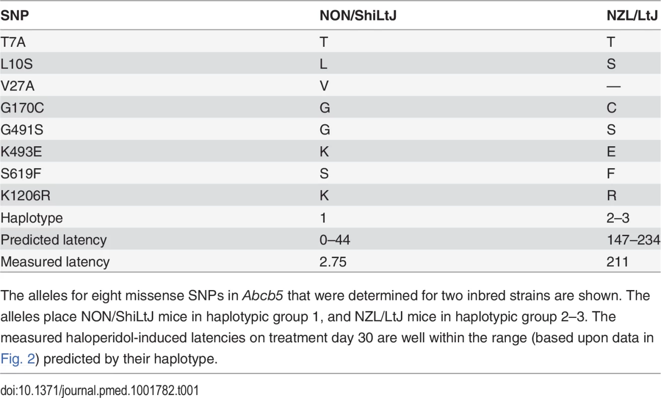 <i>Abcb5</i> alleles predict haloperidol-induced latency.