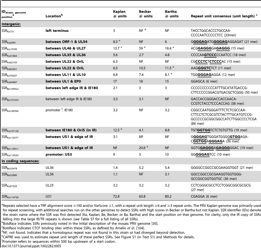 Comparison of selected short sequence repeats (SSRs) in PRV strains Kaplan, Becker, and Bartha.