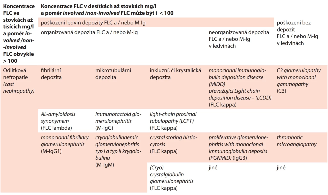  Klasifi kace poškození ledvin volnými lehkými řetězci (FLC) a/nebo monoklonálním imunoglobulinem (M-Ig) dle [5]. Termíny ponechány v původní anglické formě. 