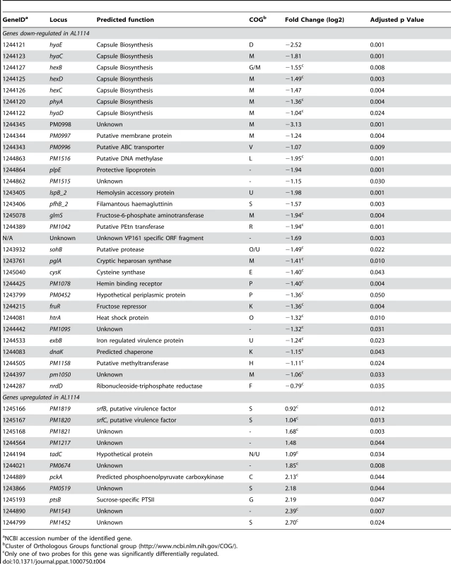 Genes identified as differentially regulated between the <i>P. multocida</i> wild-type strain and a <i>fis</i> mutant strain as determined by DNA microarray analysis.