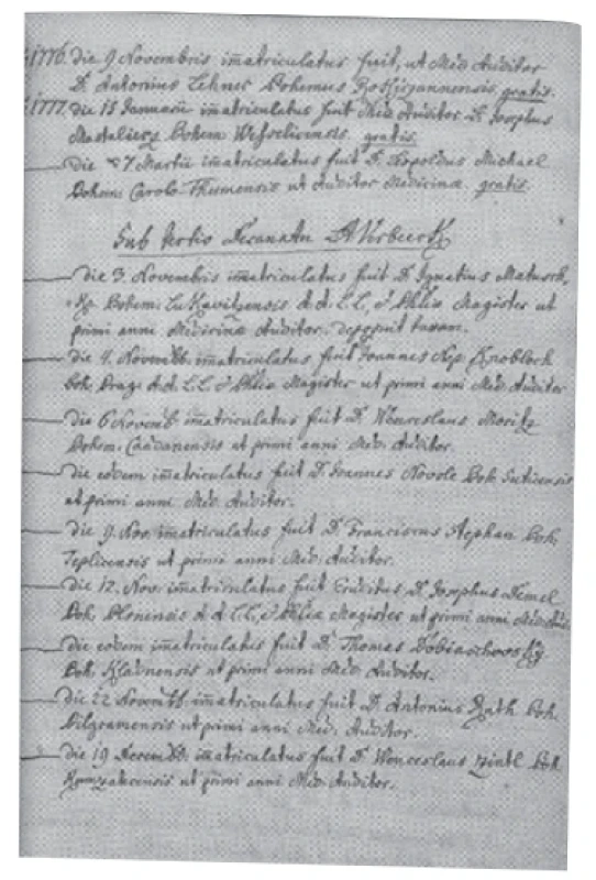 Stránka z historické dokumentace imatrikulací na lékařské fakultě Karlo-Ferdinandovy univerzity v Praze. Záznam o imatrikulaci Josepha Johanna Maštalíře dne 15. ledna 1777 je uveden jako druhá položka této stránky