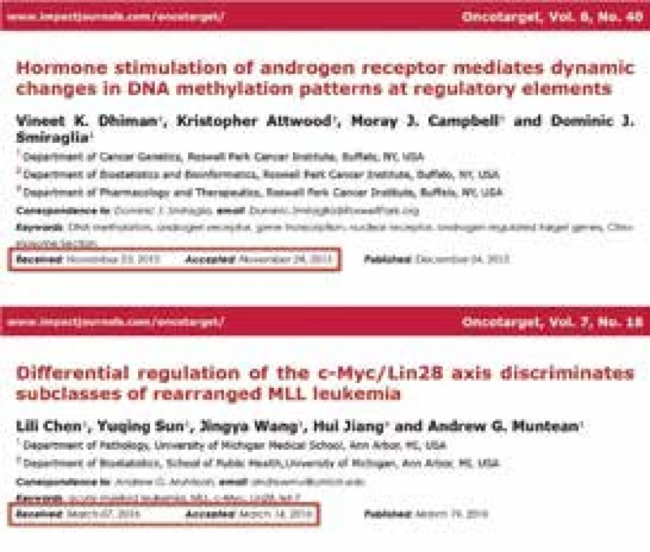 Ukázky dvou článků z časopisu Oncotarget s neobvykle rychlým recenzním řízením