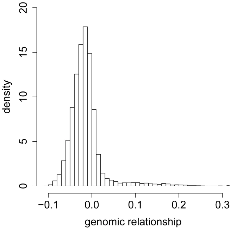 Histogram of the offdiagonal elements of the genomic relationship matrix .