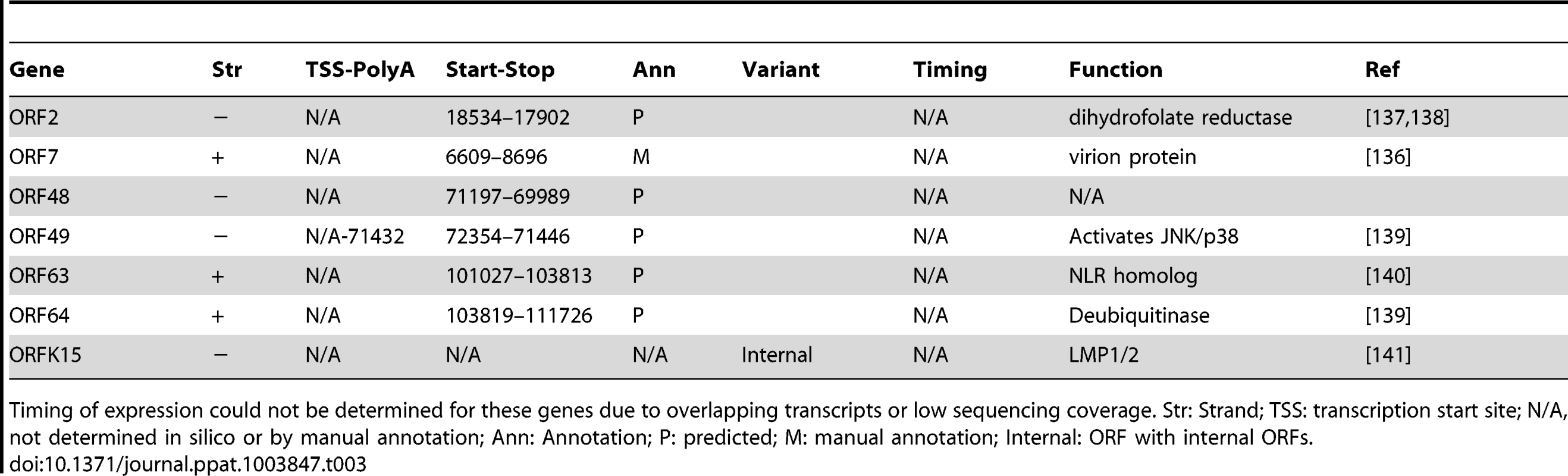 Transcription and translation coordinates, and function of primary ORFs without determined time of expression.