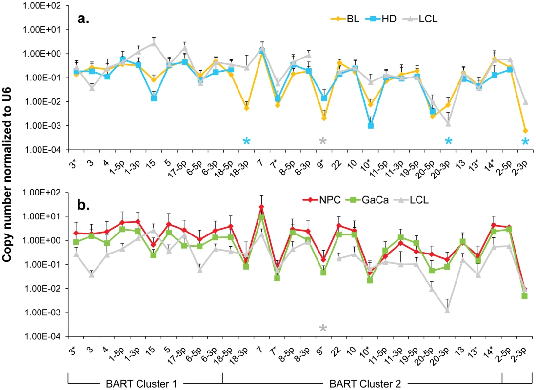 The profile of EBV BART miRNAs in LCL and neoplastic tissues.