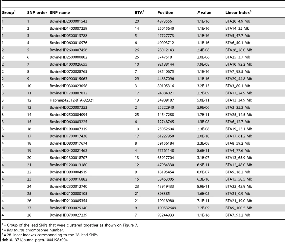 Description of the 28 lead SNPs and their <i>P</i> values in the genome wide association studies (GWAS).