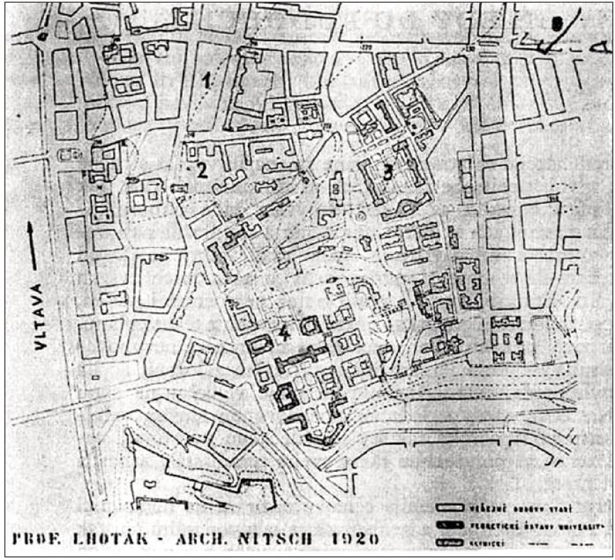 Přehledný plán projektu „Lhoták - Nitsch“ z roku 1920 znázorňuje čtyři oblasti ústavu a klinik lékařské fakulty
1) Karlovo náměstí,
2) všeobecné nemocnice
3) nově budované kliniky v zahradě vedle svaté Kateřiny,
4) teoretické ústavy na Albertově