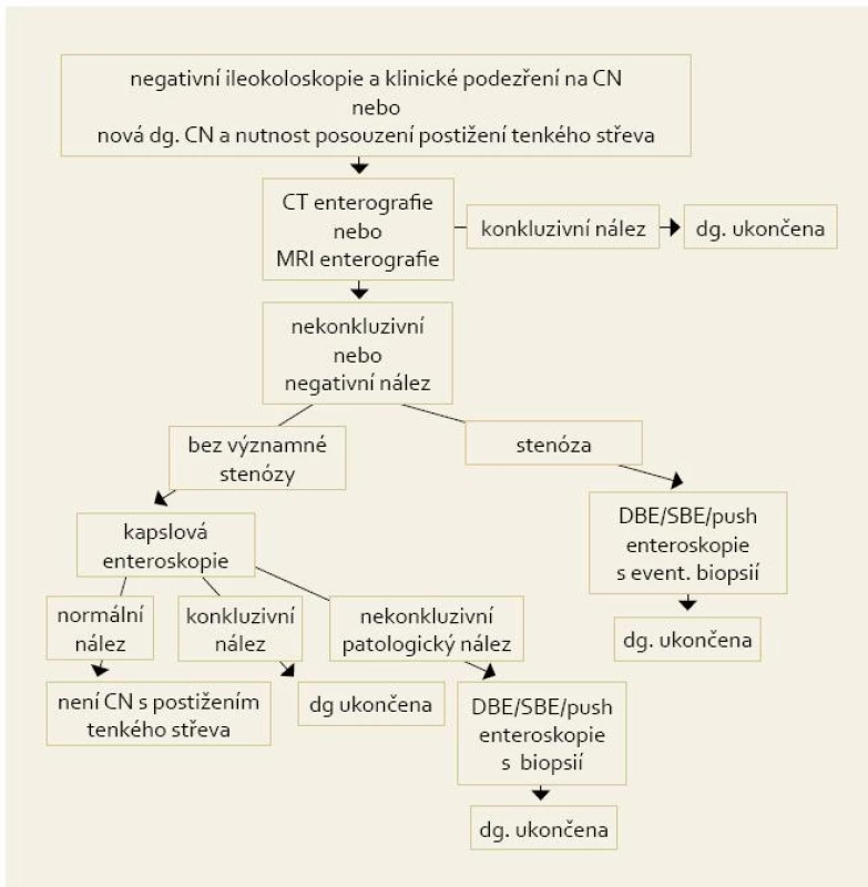 Doporučený postup při vyšetření tenkého střeva u nemocných s Crohnovou chorobou.
Fig. 1. Recommended procedure for bowel examination in patients with Crohn’s disease.