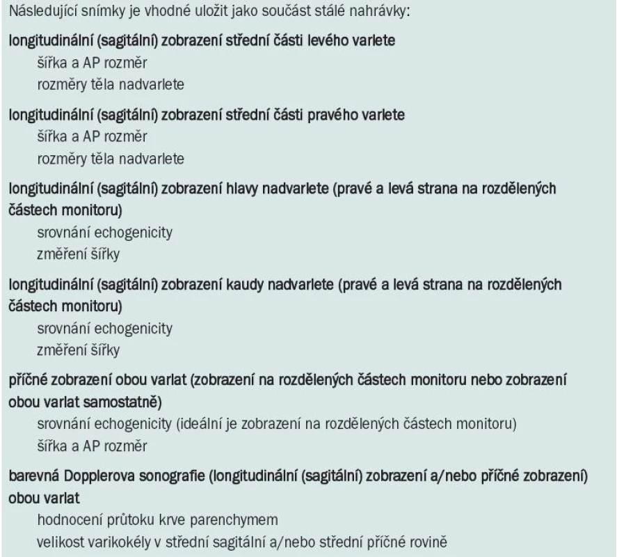Doporučené obrazy při ultrazvukovém vyšetření skrota (v ordinaci urologa).