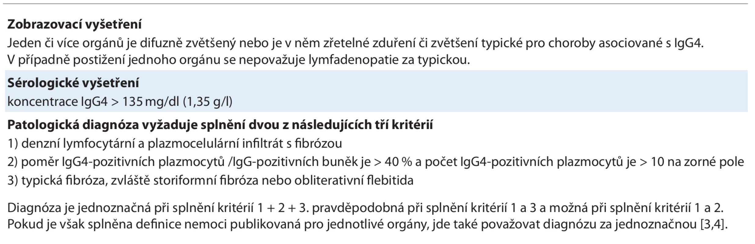  Japonská recentní kritéria pro choroby asociované s IgG4 [3,4]. Tato kritéria jsou postavena na zobrazovacích vyšetře ních, na vyšetření kvantity imunoglobulinu IgG4 a na histopatologickém vyšetření. Pokud jsou splněna všechna kritéria, je dia gnóza jednoznačná. Za jednoznačnou je však také považována diagnóza, pokud jsou splněna mezinárodně uznávaná kritéria  pro jednotlivé orgány, pokud jsou publikována. 