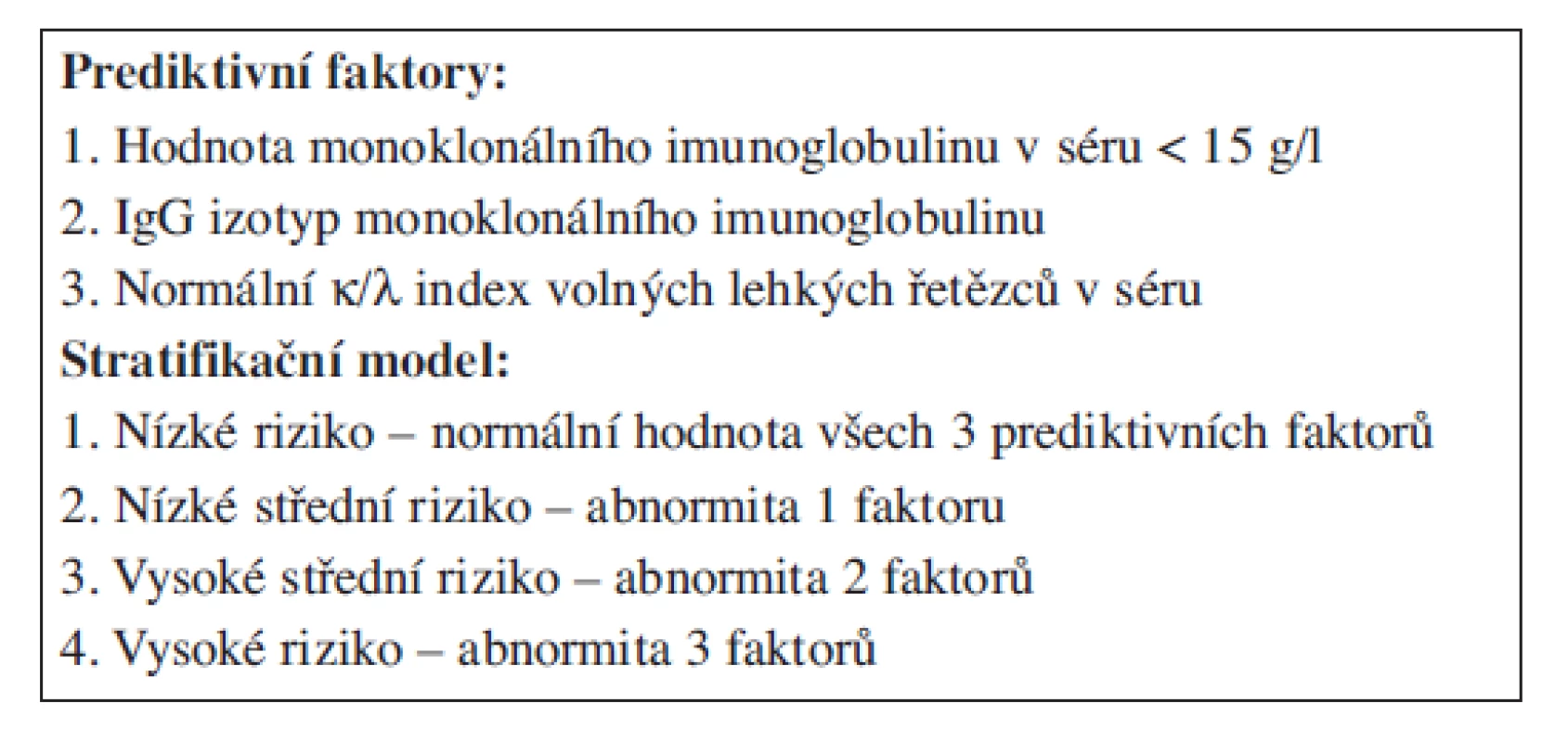 Stratifikační model pro MGUS (Rajkumar) (12).