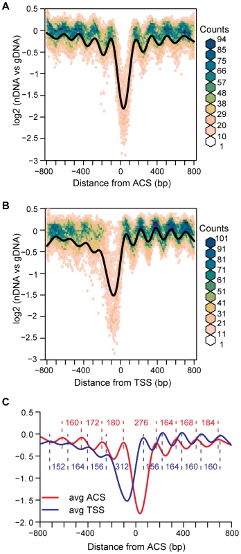 Average views of nucleosome occupancy at replication origins and transcription start sites.