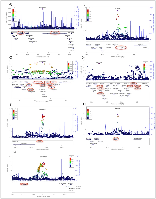 Regional plots of eight newly discovered genome-wide significant chromosomal regions associated with adiponectin concentrations in European populations.