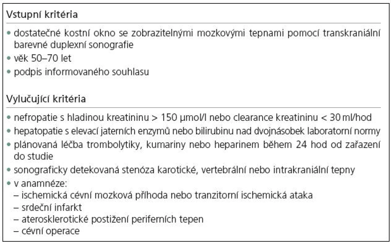 Vstupní a vylučující kritéria pro dobrovolníky zařazené do studie.